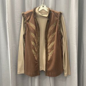 2 Pc Set Bob Mackie Wearable Art Vest And Turtleneck Embroidered Feather Large